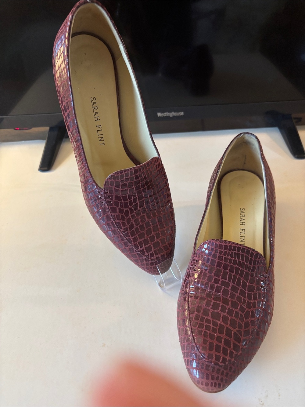 Sarah Flint Wine Croc-Embossed Leather Loafers
